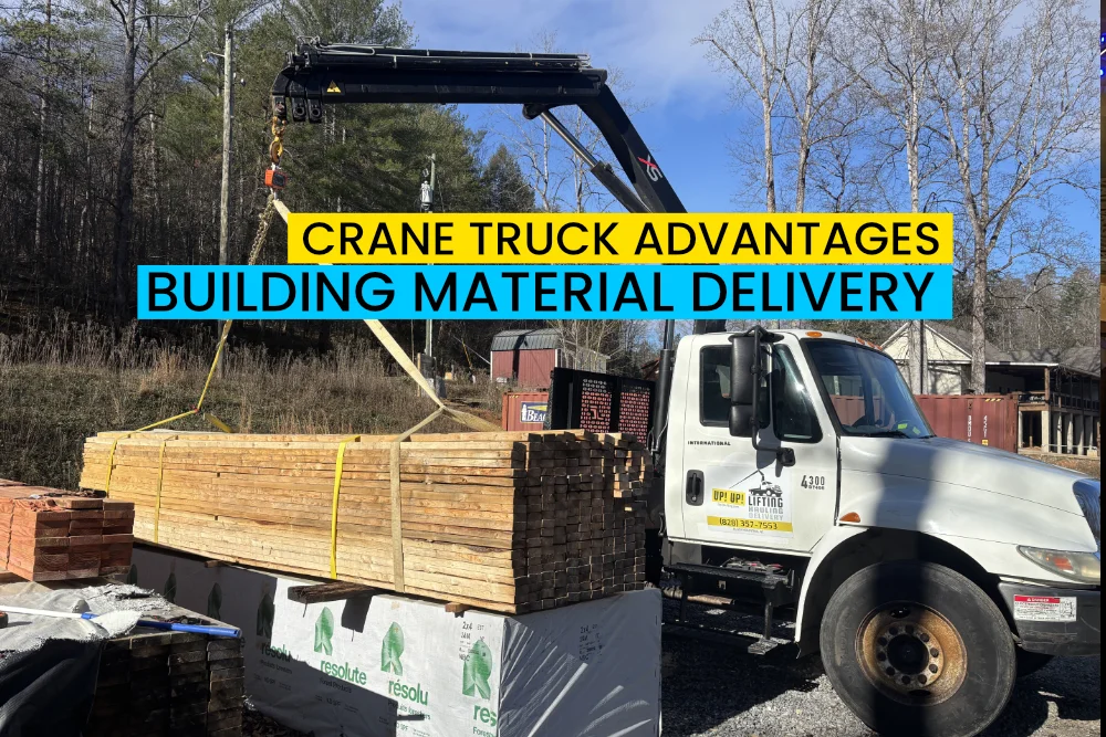 Crane truck delivering lumber to Lake Lure NC construction site