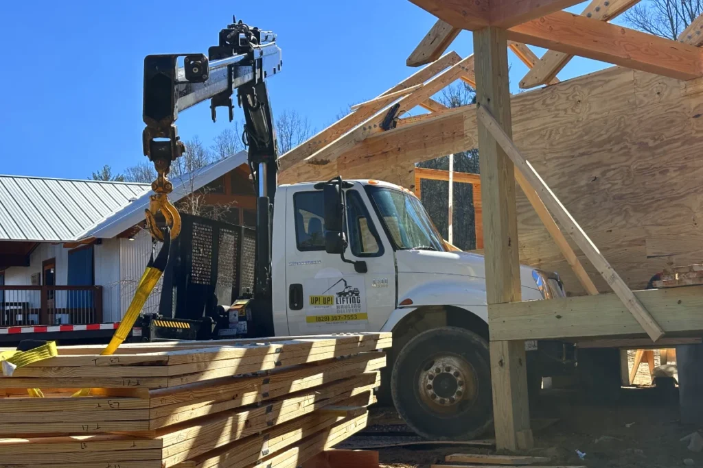 crane truck staging and planning truss lift in Hendersonville NC by Up! Up! Lifting