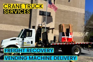 crane truck freight recovery of tipped vending machine for Rutherfordton County Sheriff's Department by Up! Up! Lifting