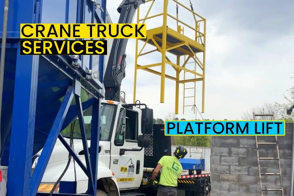 crane truck services lifting and placing industrial steel platform at a factory in Lincolnton, NC by Up! Up! Lifting