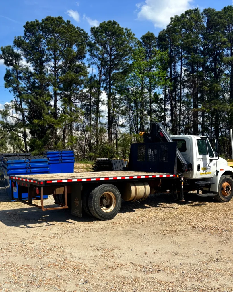 crane truck dumpster delivery by Up! Up! Lifting with 16 foot flatbed and truck-mounted articulated crane for rapid response and placement