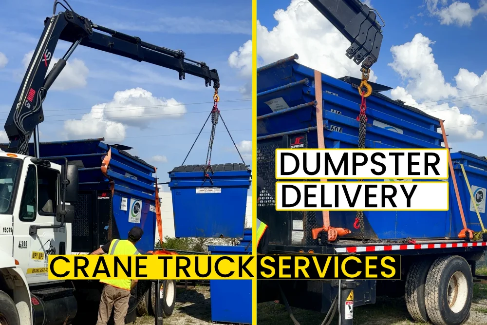 crane truck dumpster delivery North Carolina, transport and placement by Up! Up! Lifting