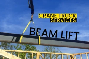 Crane truck lifting and placing steel ceiling beam on new home construction in Black Mountain NC by Up! Up!Lifting