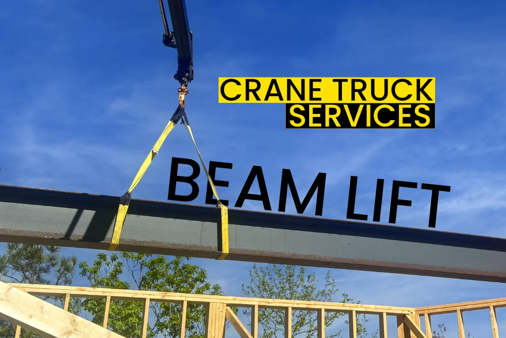 Crane truck lifting and placing steel ceiling beam on new home construction in Black Mountain NC by Up! Up!Lifting